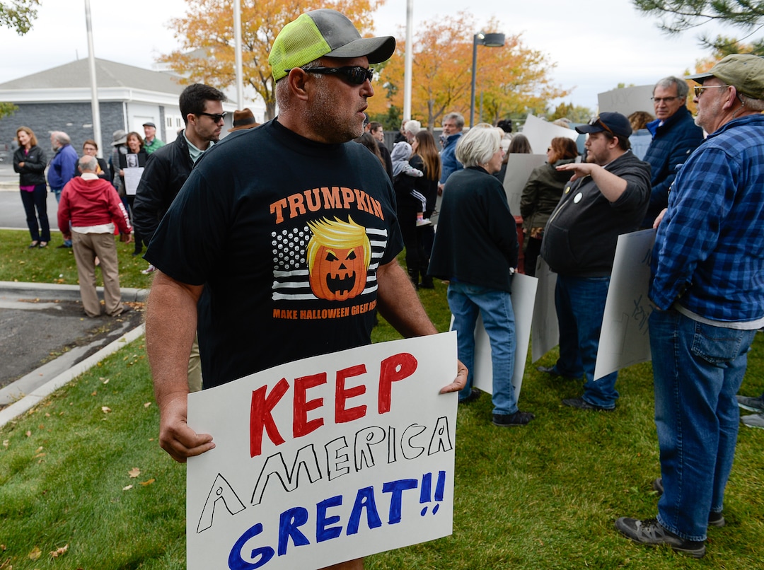 (Francisco Kjolseth | The Salt Lake Tribune) Colby Russell remarks on how he appreciates how two competing rallies can remain civil before the shouting begins near Rep. Ben McAdams' office in West Jordan, one seeking to support McAdams and one to criticize him for supporting the impeachment inquiry of President Donald Trump on Wednesday, Oct. 9, 2019.