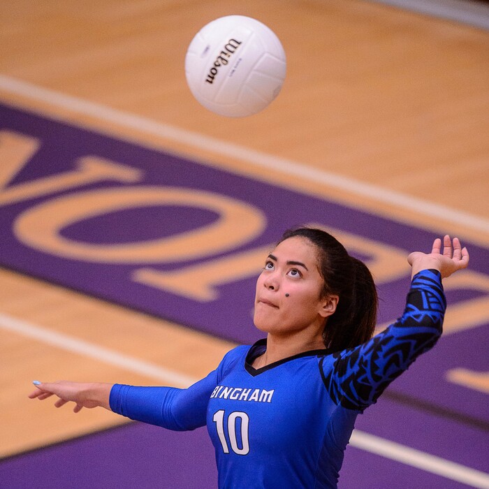 (Trent Nelson  |  The Salt Lake Tribune)  Bingham's Seleisa Elisaia (10) serves as North Summit hosts Bingham, high school girls' volleyball in Coalville, Thursday August 17, 2017.