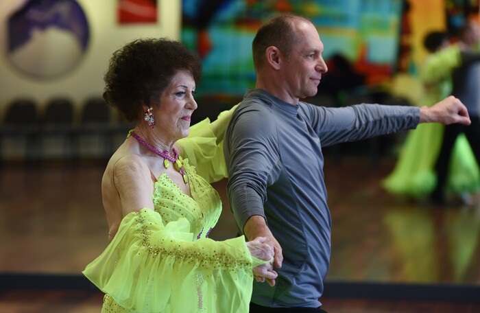 (Francisco Kjolseth | The Salt Lake Tribune) Jean Woodruff, a 92-year-old who loves ballroom dancing and loves competitions, prepares for an upcoming competition with Martin Skupinski, founder of Ballroom Utah Dance Studio. Jean danced for years with her husband, and the couple taught lessons in a dance studio in their Holladay home. She stopped dancing after he had a stroke, and then died. Several years ago, she started dancing again, and now competes regularly.