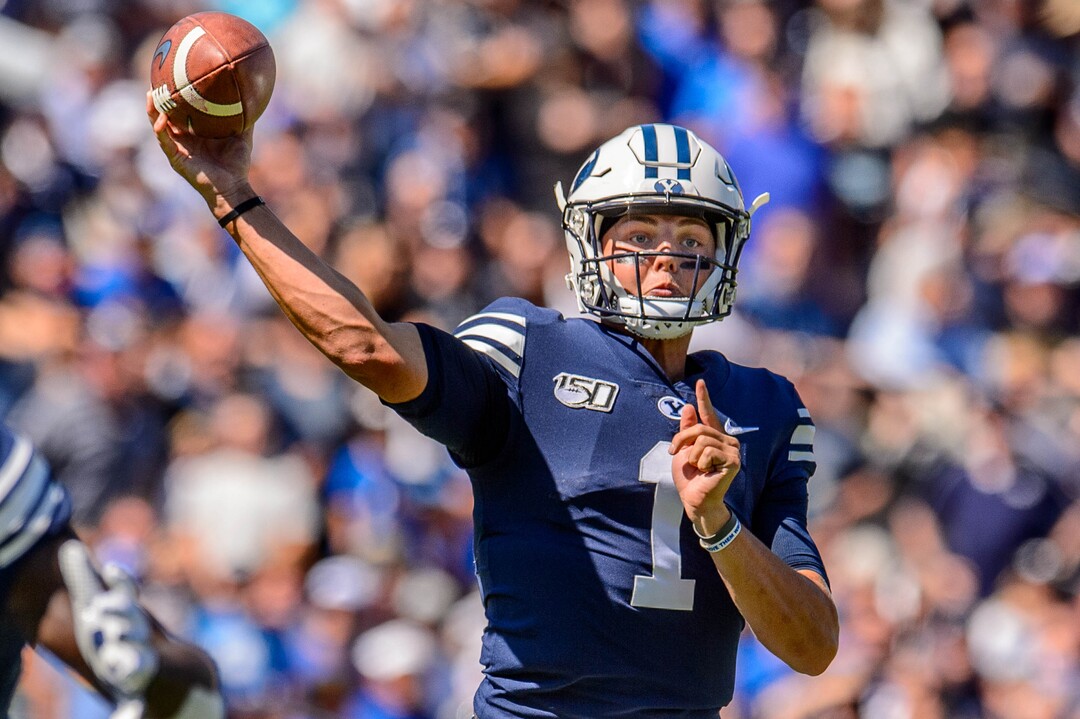 (Trent Nelson  |  The Salt Lake Tribune)  Brigham Young Cougars quarterback Zach Wilson (1) as BYU hosts USC, NCAA football in Provo on Saturday Sept. 14, 2019.