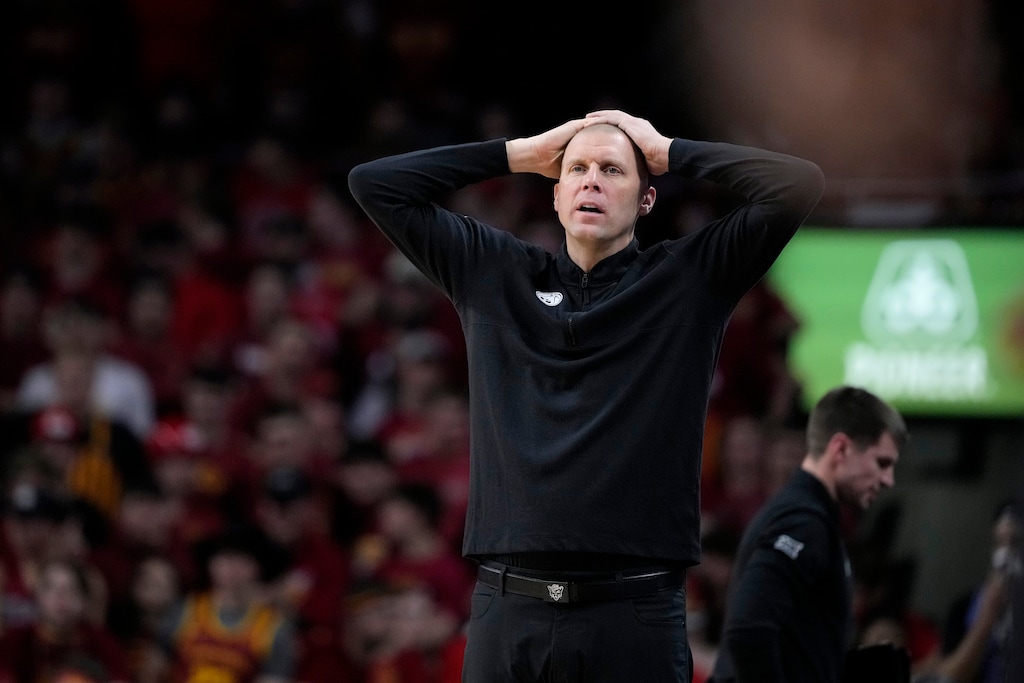 (Matthew Putney | AP) BYU head coach Mark Pope reacts to a turnover during the second half against Iowa State, Wednesday, March 6, 2024, in Ames, Iowa. Iowa State won 68-63
