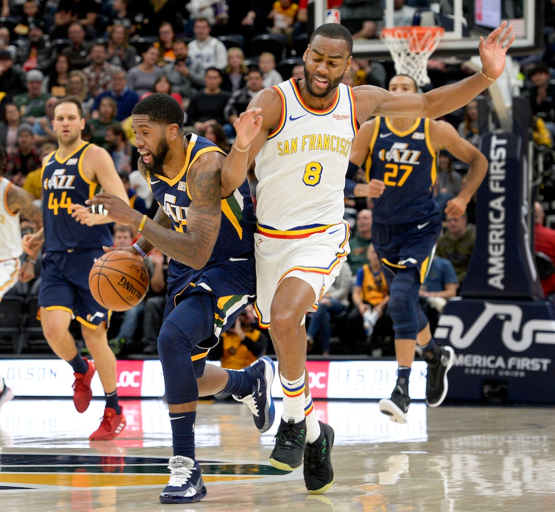 (Leah Hogsten  |  The Salt Lake Tribune) Utah Jazz forward Royce O'Neale (23) hip checks Golden State Warriors guard Alec Burks (8) as the Utah Jazz host the Golden State Warriors, Dec. 13, 2019 at Vivint Arena.