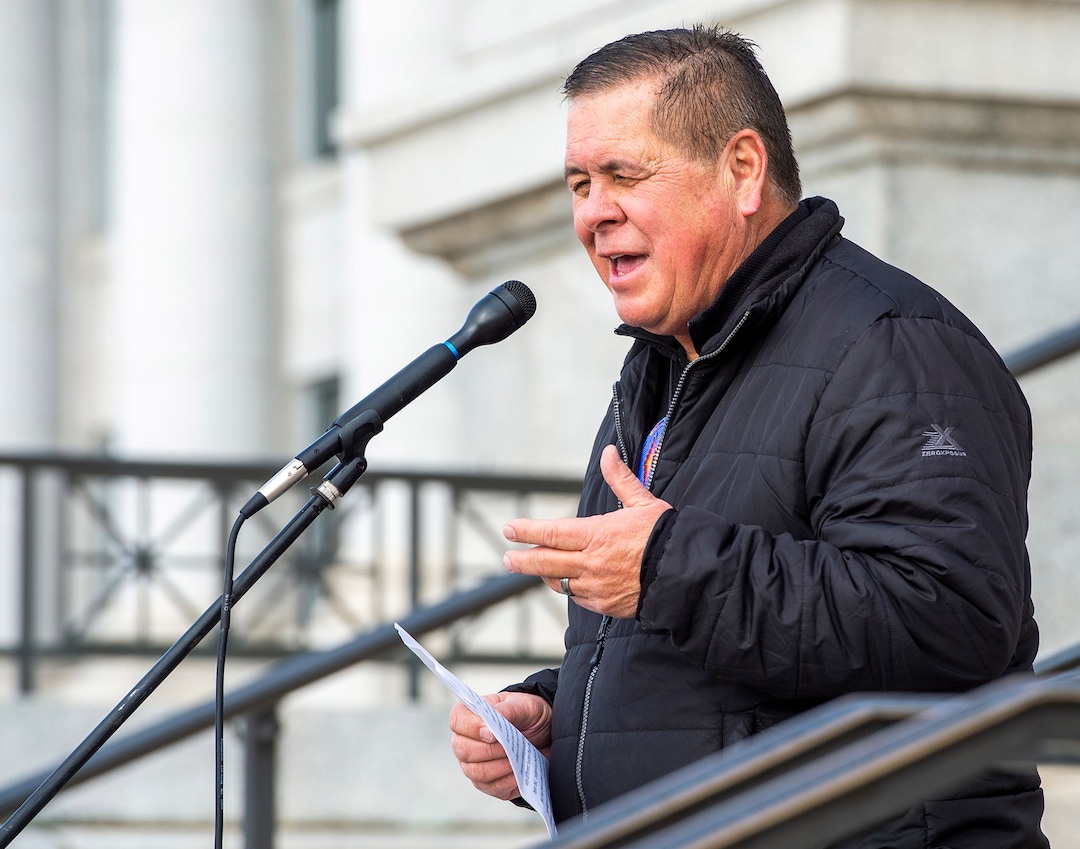 (Rick Egan  |  The Salt Lake Tribune)     Darren Parry, Chairman Northwest Band of Shoshone Nation makes a speech as Native Americans and their supporters gather on the steps of the Utah State Capitol for a rally to oppose a resolution that would discourage the removal of Native American names or symbols from school mascots, Saturday, Jan. 25, 2020.