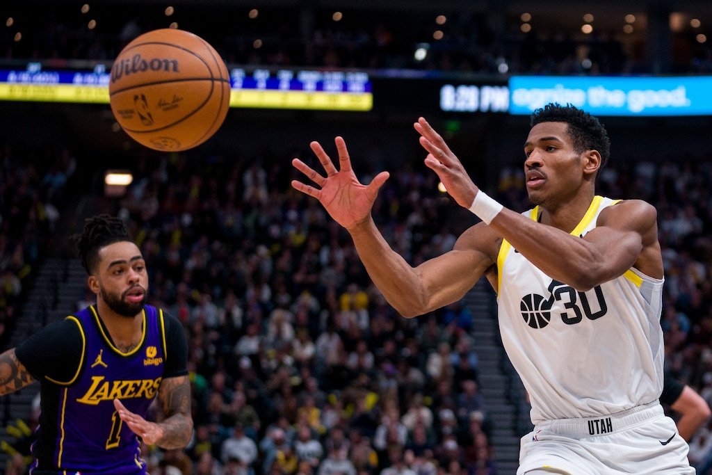 (Trent Nelson  |  The Salt Lake Tribune) Utah Jazz guard Ochai Agbaji (30) as the Utah Jazz host the Los Angeles Lakers, NBA basketball in Salt Lake City on Saturday, Jan. 13, 2024.