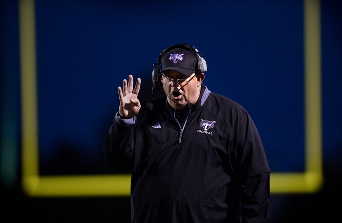 (Scott Sommerdorf   |  The Salt Lake Tribune)   Lehi head coach Ed Larson during first half play. Lehi led Olympus 26-0 late in the second half, Friday, September 22, 2017.