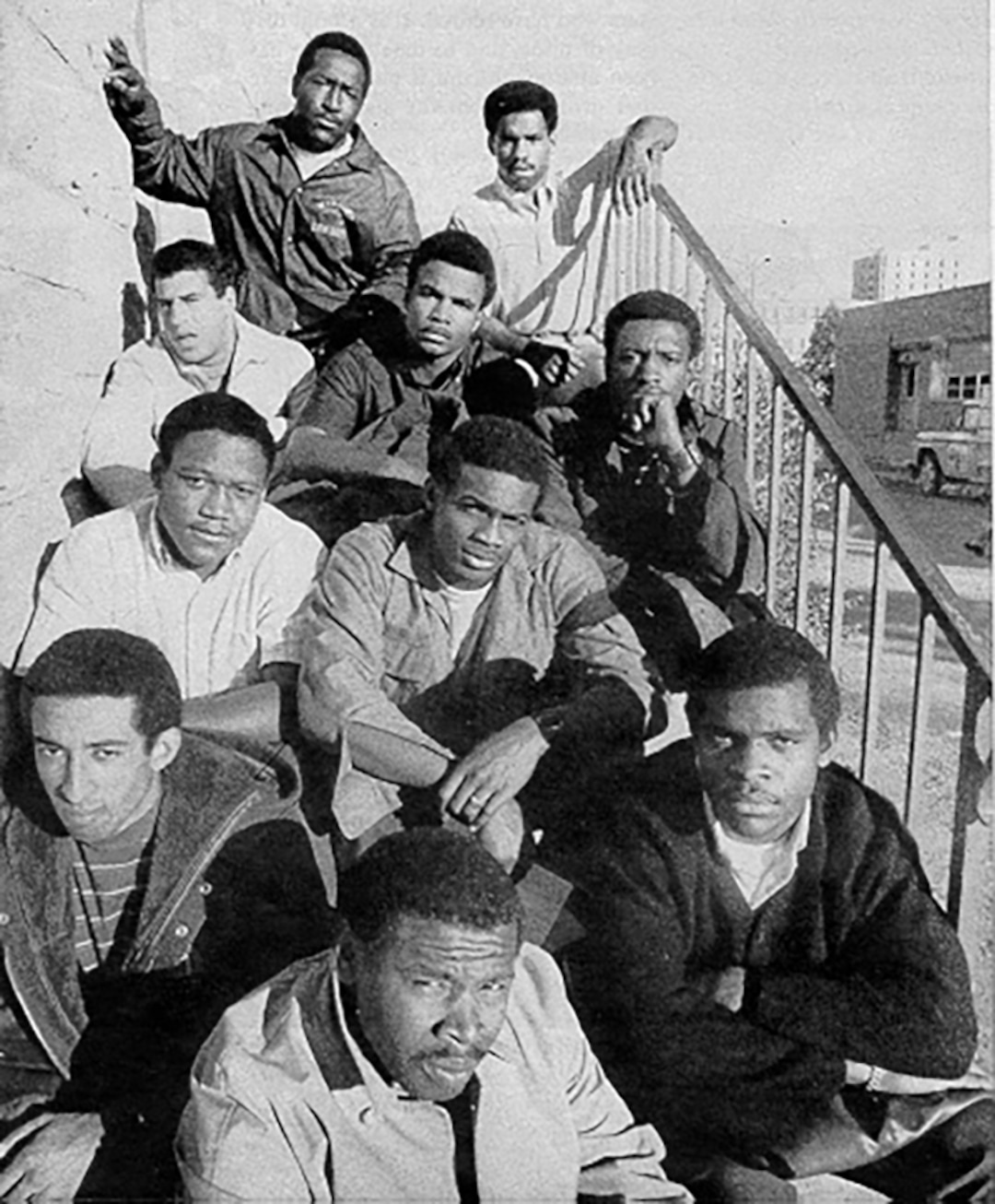 (University of Wyoming | AP) A 1969 photo provided by the University of Wyoming shows a group photo of 10 of the Black 14 at the University of Wyoming. Front center is Earl Lee; second row, John Griffin and Guillermo (Willie) Hysaw; third row Don Meadows and Ivie Moore; fourth row: Tony Gibson, Jerry Berry and Joe Williams; fifth row: Mel Hamilton and Jim Isaac. Not shown are Tony McGee, Ted Williams, Lionel Grimes and Ron Hill. The university is welcoming eight former football players back on campus half a century after a racist episode gutted their team. University officials plan to unveil a plaque commemorating the Black 14 athletes at War Memorial Stadium on Friday, Sept. 13, 2019.