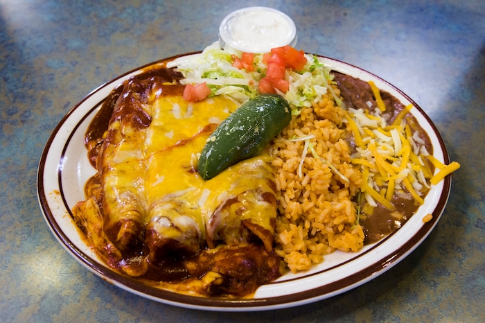 (Rick Egan  |  The Salt Lake Tribune)  Chicken enchilada at The Silver Summit Cafe on Silver Creek Drive in Park City.