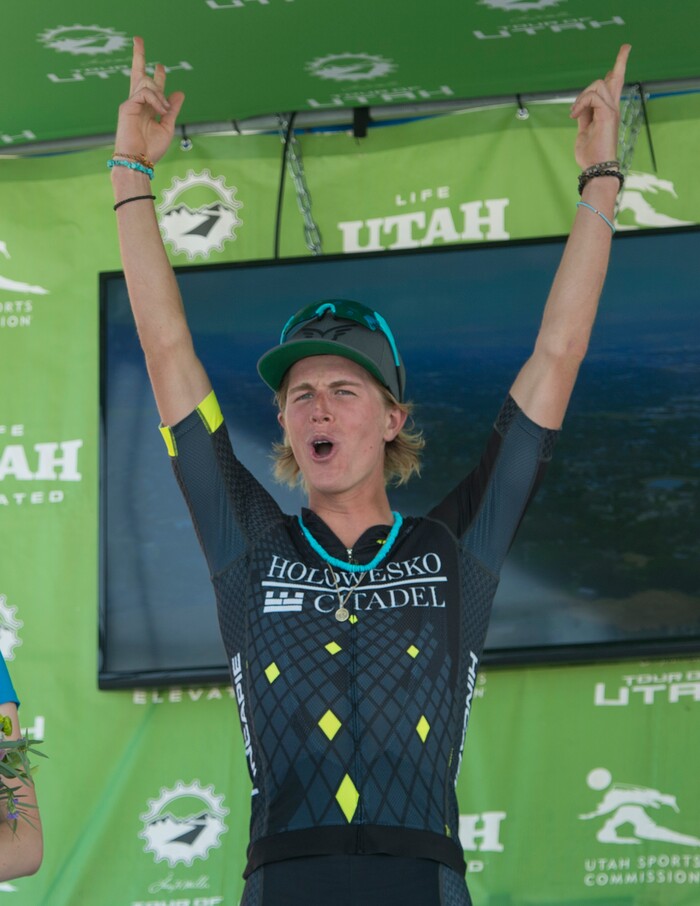 (Rick Egan  |  The Salt Lake Tribune) Taylor Eisenhart, of Lehi, celebrates after being named the Fan Favorite in stage 5, of the Tour of Utah, Friday, August 4, 2017.


