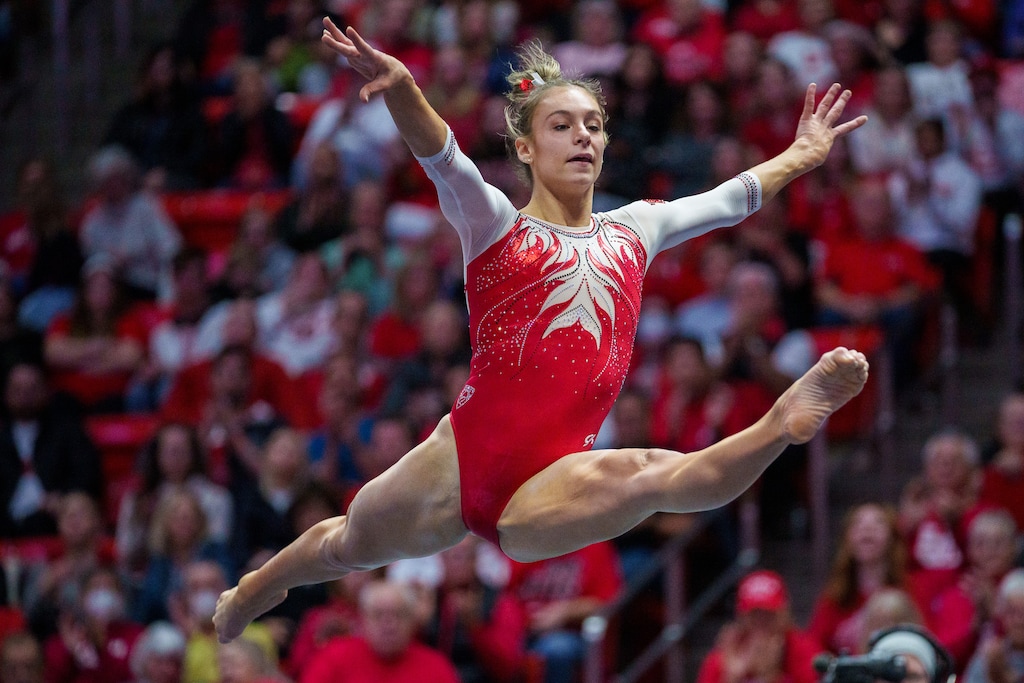 (Trent Nelson  |  The Salt Lake Tribune) Grace McCallum competes on the floor as Utah hosts Washington, NCAA gymnastics in Salt Lake City on Saturday, Jan. 28, 2023.