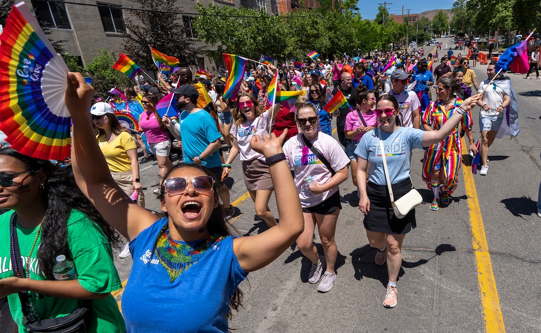 (Rick Egan | The Salt Lake Tribune)  Marchers from Goldman Sachs March down 400 East in the Pride Parade, on Sunday, June 4, 2023.