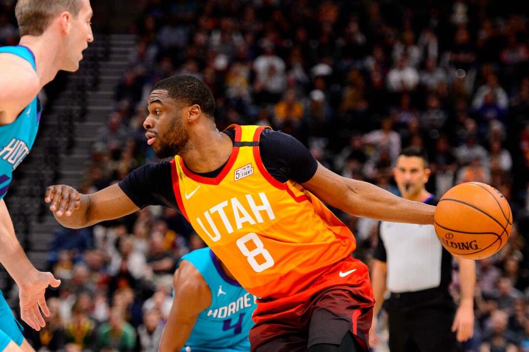 (Trent Nelson  |  The Salt Lake Tribune) Utah Jazz guard Emmanuel Mudiay (8) as the Utah Jazz host the Charlotte Hornets, NBA basketball in Salt Lake City on Friday, Jan. 10, 2020.