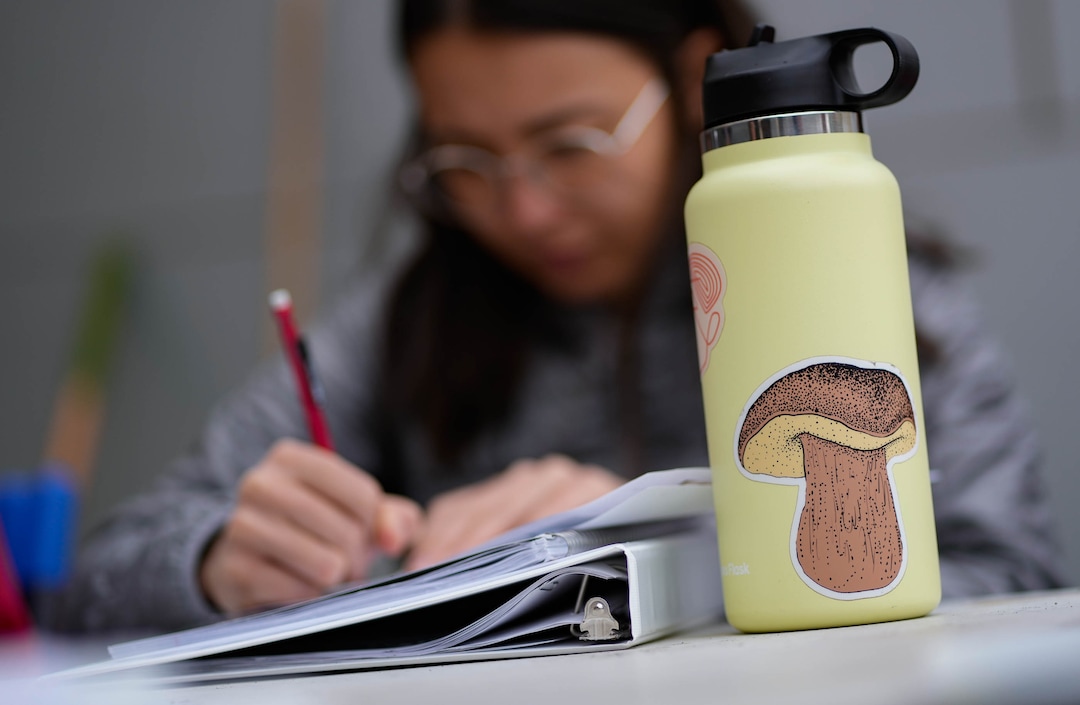 (Francisco Kjolseth | The Salt Lake Tribune) A mushroom sticker graces Rachael Kanavel’s water bottle as she takes notes on the fundamentals of fungi during a class at the Central Library in Salt Lake City on Saturday, April 16, 2022. Students are part of a three month pilot garden certification program taking place in the permanent garden at the library. 
