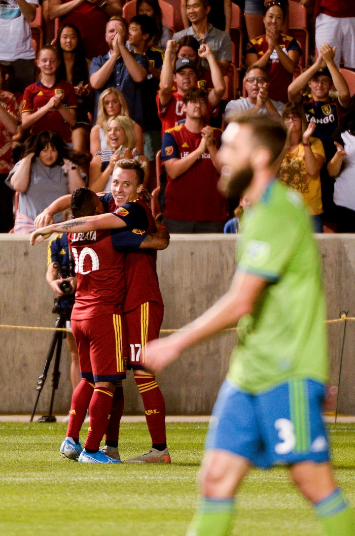 (Leah Hogsten  |  The Salt Lake Tribune)  Real Salt Lake forward Corey Baird (17) celebrates after kicking in the third goal of the night as Real Salt Lake hosts the Seattle Sounders, Aug. 14, 2019, at Rio Tinto Stadium in Sandy. RSL defeated the Sounders 3-0.