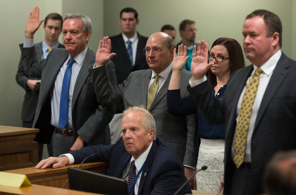 Steve Griffin / The Salt Lake TribuneRep. Mike Noel, R-Kanab, center front, sponsor of HB99, has his witnesses sworn in as he presents the bill the clarifies polygamy is a felony in Utah, to members of the House Judiciary Standing Committee in the House Building Room 20 on Capitol Hill in Salt Lake City Wednesday February 1, 2017. 