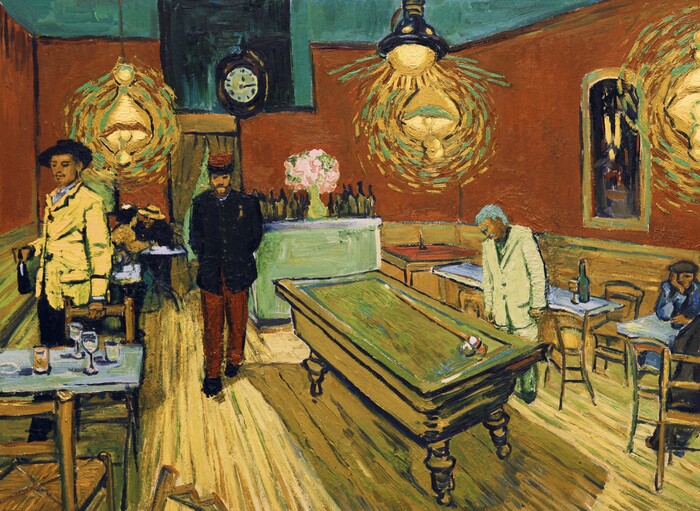 (Courtesy Good Deed Entertainment) Lt. Milliet (performed by Robin Hodges, center) and Armand Roulin (performed by Douglas Booth, left) enter the Night Cafe at Arles, in a  scene from the animated drama "Loving Vincent," inspired by the paintings of Vincent Van Gogh.