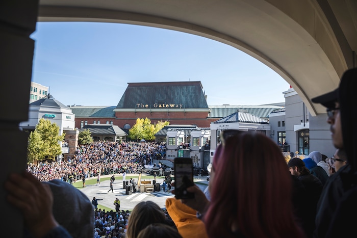(Clark Clifford  |  Special to The Salt Lake Tribune) Thousands cram into Olympic Plaza trying to find the best view before the start of Kanye West's Sunday Service at The Gateway in Salt Lake City on Saturday, Oct. 5, 2019.