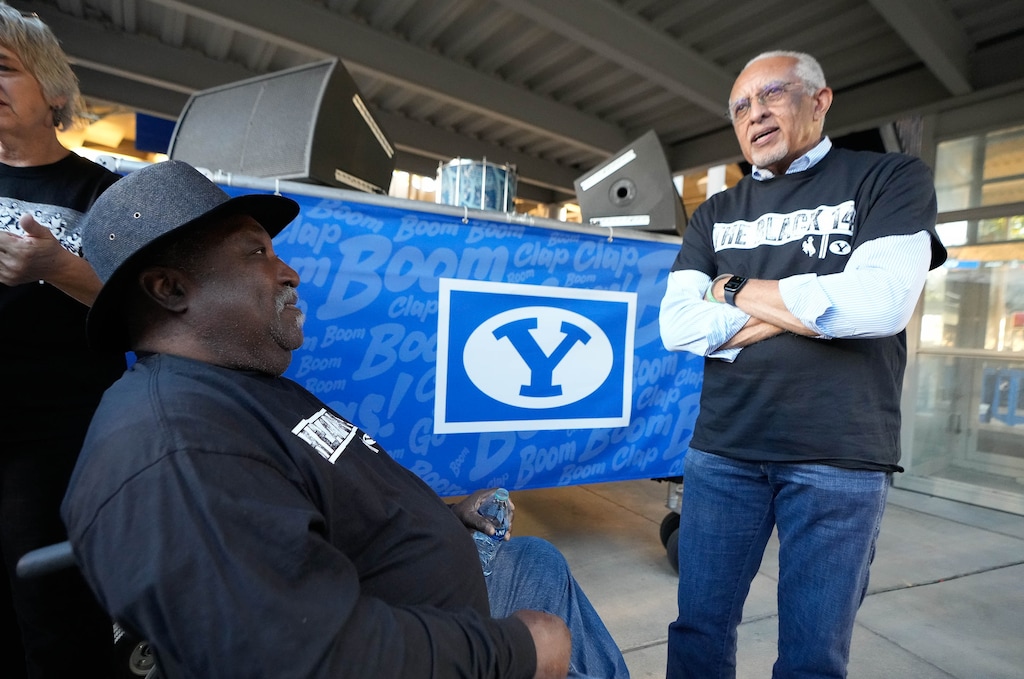 (Francisco Kjolseth | The Salt Lake Tribune) Mel Hamilton, left, and former teammate John Griffin, both members of the “Black 14″ — a group of Wyoming football players who were kicked off their team in 1969 for planning to protest Church of Jesus Christ of Latter-day Saints’ policies during a game against BYU — are being honored this week in Provo. Ahead of the No. 19 Cougars’ matchup with the Wyoming Cowboys, the two will light the Y on the mountain above LaVell Edwards Stadium on Saturday night, Sept. 2022.