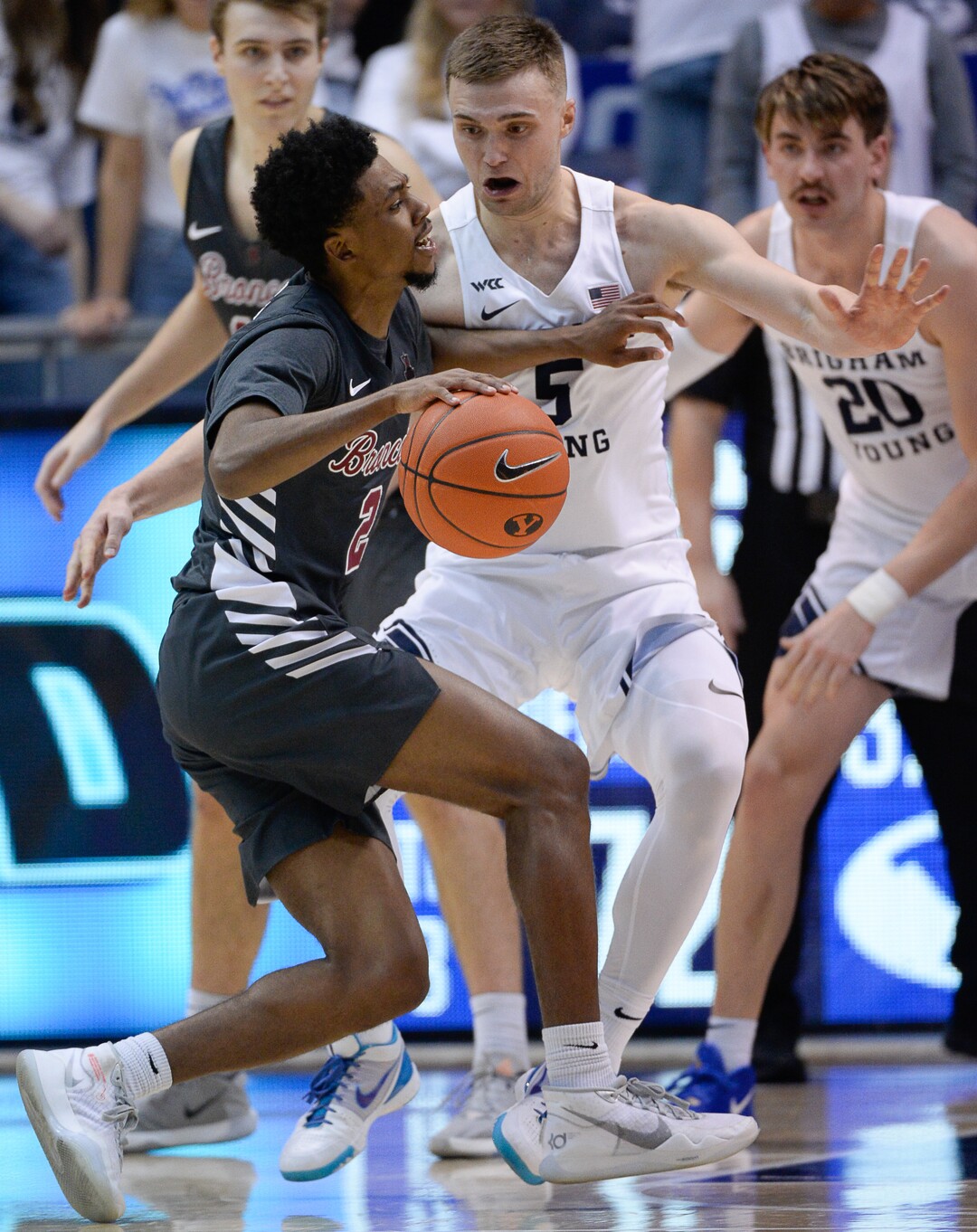 (Francisco Kjolseth  |  The Salt Lake Tribune) Brigham Young Cougars guard Jake Toolson (5) puts pressure on Santa Clara Broncos guard Tahj Eaddy (2) in the second half as the Brigham Young Cougars host the Santa Clara Broncos at the Marriott Center in Provo, Thursday, Feb. 20, 2020. BYU won 85-75.