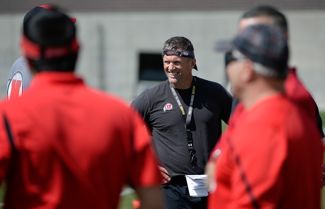 Franciso Kjolseth  |  The Salt Lake TribuneUniversity of Utah head football coach Kyle Whittingham gets his team ready for the season during Spring no pads practice at the Spence Eccles Football Facility on Thursday, April 17, 2014.