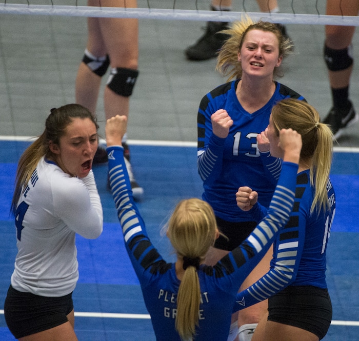 (Rick Egan  |  The Salt Lake Tribune)  The Pleasant Grove Vikings celebrate as they lead Lone Peak  in championship volleyball action, Pleasant Grove vs. Lone Peak, at Utah Valley University, Saturday, November 4, 2017.