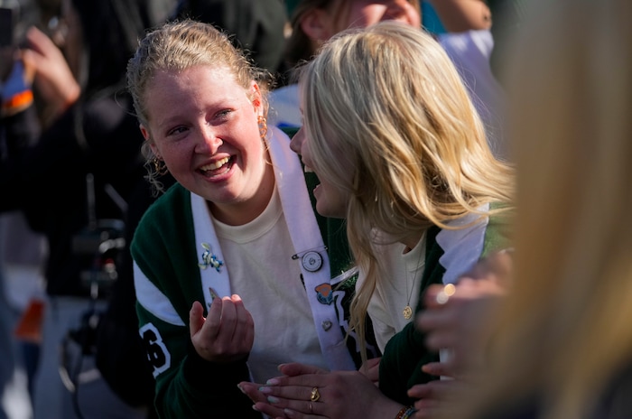 (Bethany Baker | The Salt Lake Tribune) Payson High School students react as Kevin Bacon walks onto the field at a charity event to commemorate the 40th anniversary of the movie "Footloose" on the football field of Payson High School in Payson on Saturday, April 20, 2024.
