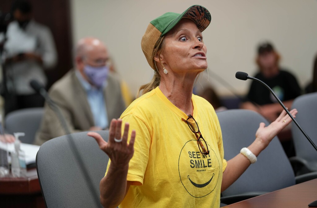 (Francisco Kjolseth | The Salt Lake Tribune) Rebecca Olson of Highland, expresses her opposition to any possible future mask mandates in schools as she speaks to the Salt Lake County Council during a council meeting on Tuesday, Aug. 3, 2021.