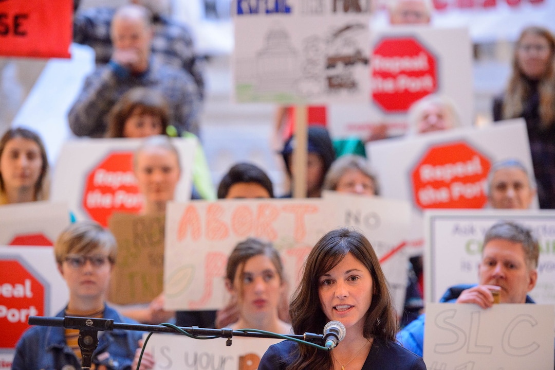 (Trent Nelson  |  The Salt Lake Tribune) Carly Ferro, acting director for the Utah Sierra Club, speaks at a rally against the Inland Port at the state Capitol in Salt Lake City on Monday, Feb. 3, 2020.