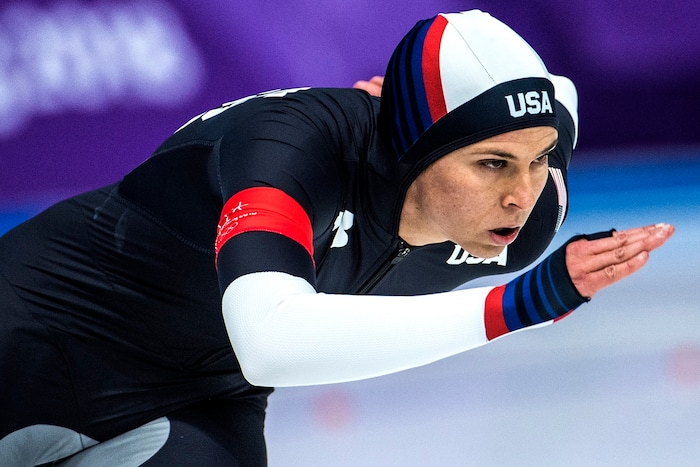 (Chris Detrick  |  The Salt Lake Tribune)  USA's Brittany Bowe races Netherlands' Jorien Ter Mors in the Ladies' 1,000m during the Pyeongchang 2018 Winter Olympics Wednesday, Feb. 14, 2018.  Bowe finished in 4th place with a time of 1:14.36.