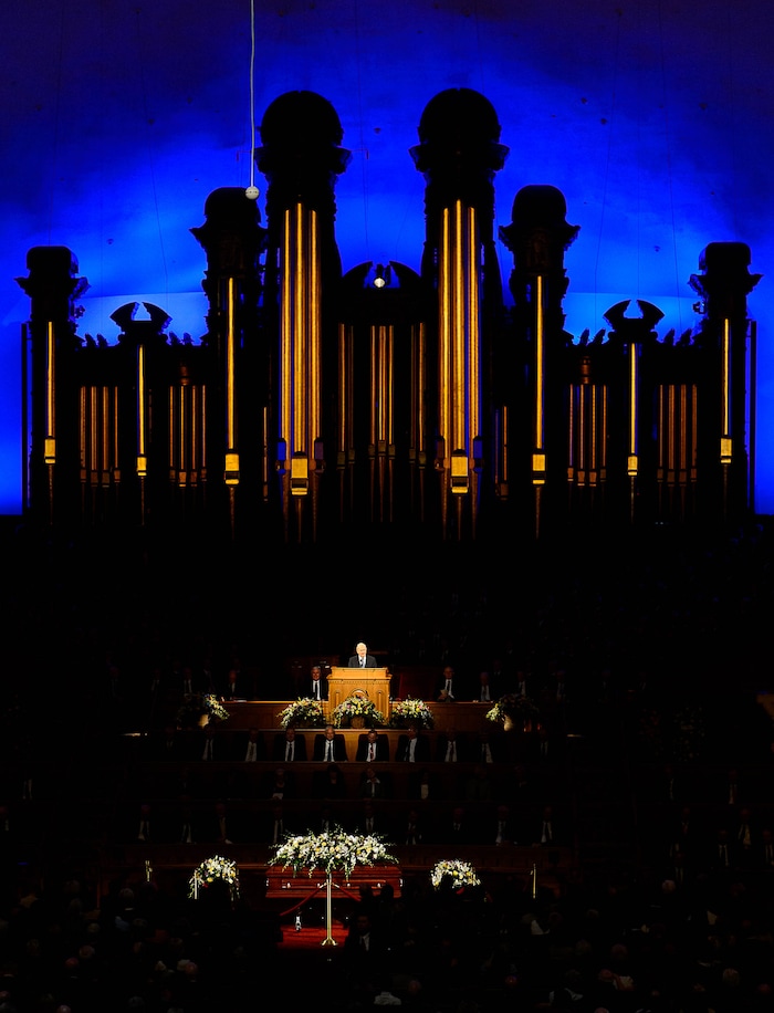 (Trent Nelson | The Salt Lake Tribune)  President Russell M. Nelson speaks at funeral services for Elder Robert D. Hales at the Salt Lake Tabernacle in Salt Lake City Friday October 6, 2017.