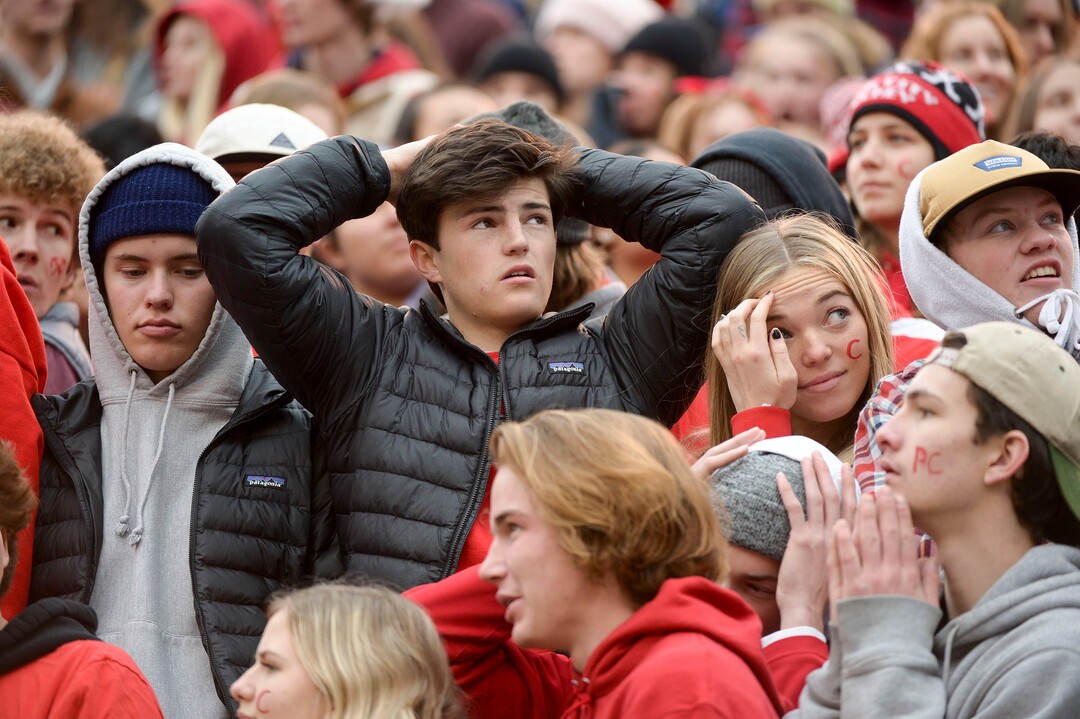 (Leah Hogsten  |  The Salt Lake Tribune) Park City reacts to play in the second half.  Sky View High School defeated Park City 35-0 to win the 4A State Championship football title, Nov. 11, 2019 at Rice-Eccles Stadium.