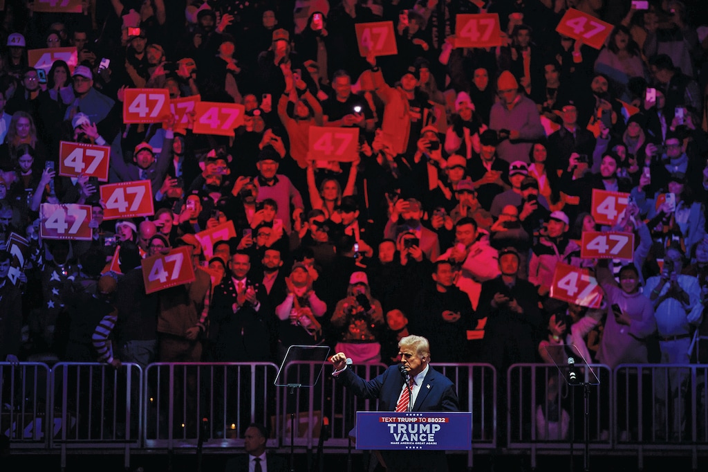 FILE — President-elect Donald Trump takes the stage during a rally in Capital One Arena, Washington, the day before his inauguration, Sunday, Jan. 19, 2025. (Damon Winter/The New York Times)