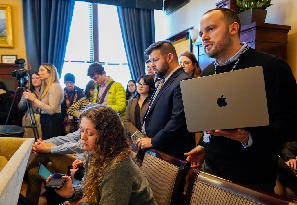 (Chris Samuels | The Salt Lake Tribune) Tribune politics editor Jeff Parrot, right, asks a question during Senate media availability at the Capitol in Salt Lake City, Tuesday, Jan. 21, 2025.