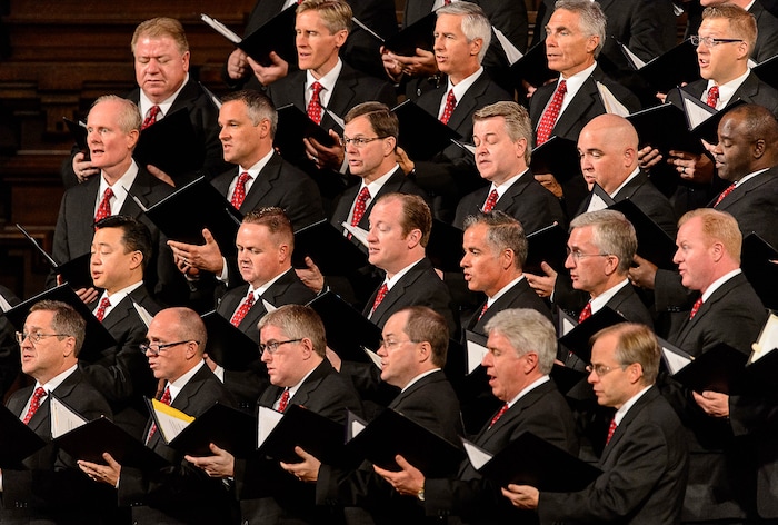 (Trent Nelson | The Salt Lake Tribune)  The Mormon Tabernacle Choir sings at funeral services for Elder Robert D. Hales at the Salt Lake Tabernacle in Salt Lake City Friday October 6, 2017.