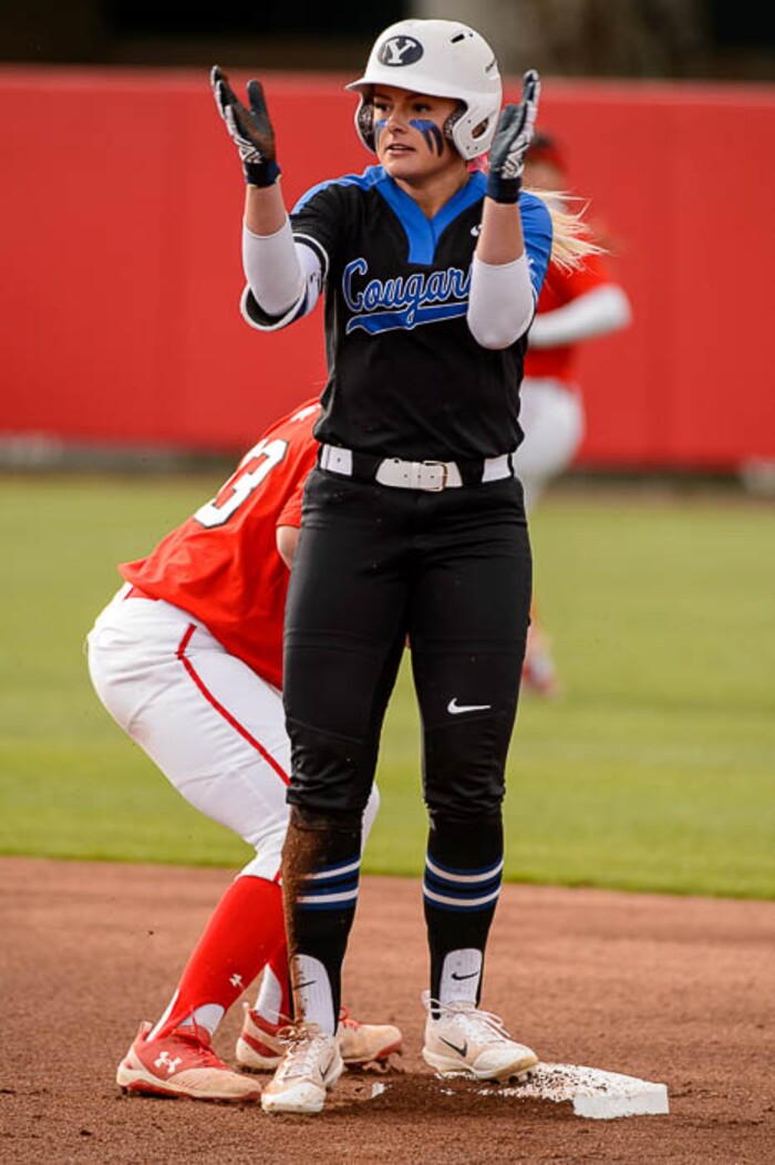 (Trent Nelson | The Salt Lake Tribune)  Utah Utes host the BYU Cougars, NCAA softball in Salt Lake City, Wednesday April 18, 2018. BYU outfielder Rylee Jensen (2).