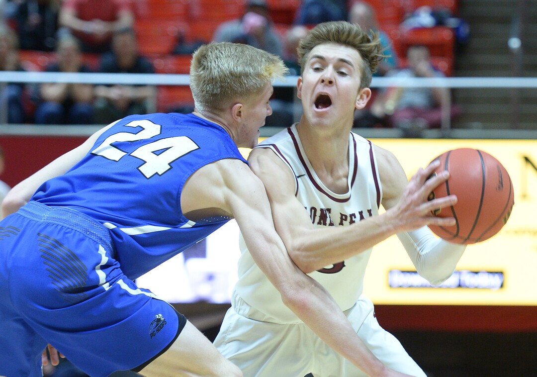 (Leah Hogsten  |  The Salt Lake Tribune) Lone Peak's Steven Ashworth (03) battles Pleasant Grove's Kael Mikkelsen (24). Pleasant Grove plays Lone Peak to win the 6A High School BoysÕ Basketball Tournament Championship at the Jon M. Huntsman Center in Salt Lake City, Saturday, March 3, 2018. 