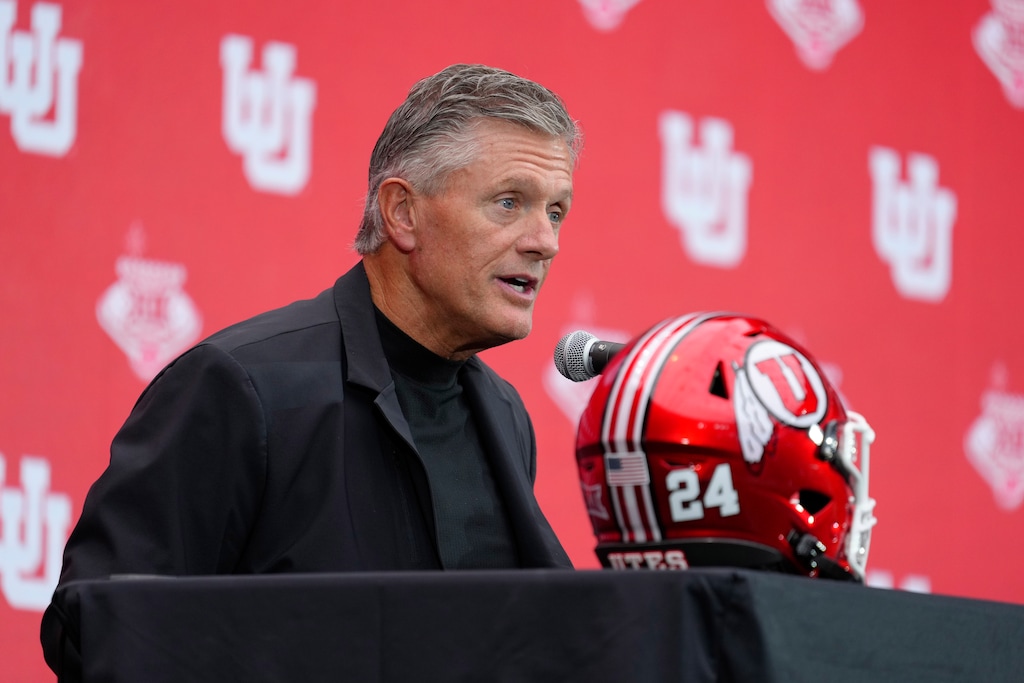 (Lucas Peltier | AP) Utah head coach Kyle Whittingham speaks during the Big 12 NCAA college football media days in Las Vegas, Tuesday, July 9, 2024.