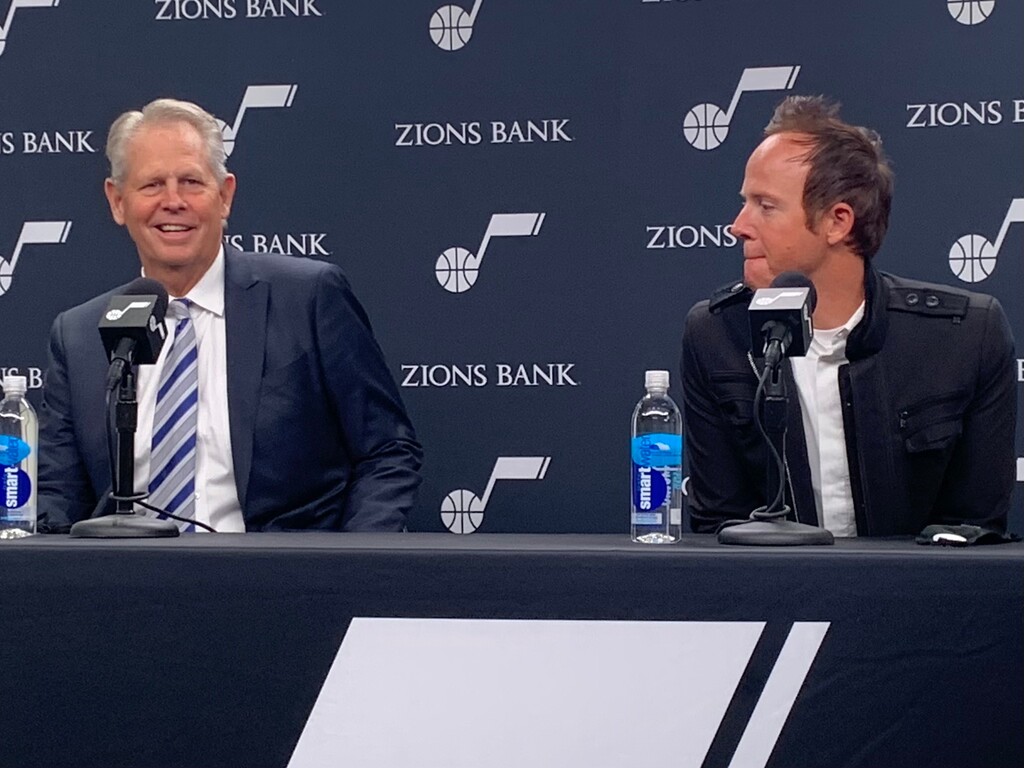(Eric Walden  |  The Salt Lake Tribune) Danny Ainge, left, is introduced as Utah Jazz CEO and Alternate Governor by team owner Ryan Smith at Vivint Arena on Wednesday, Dec. 15, 2021.