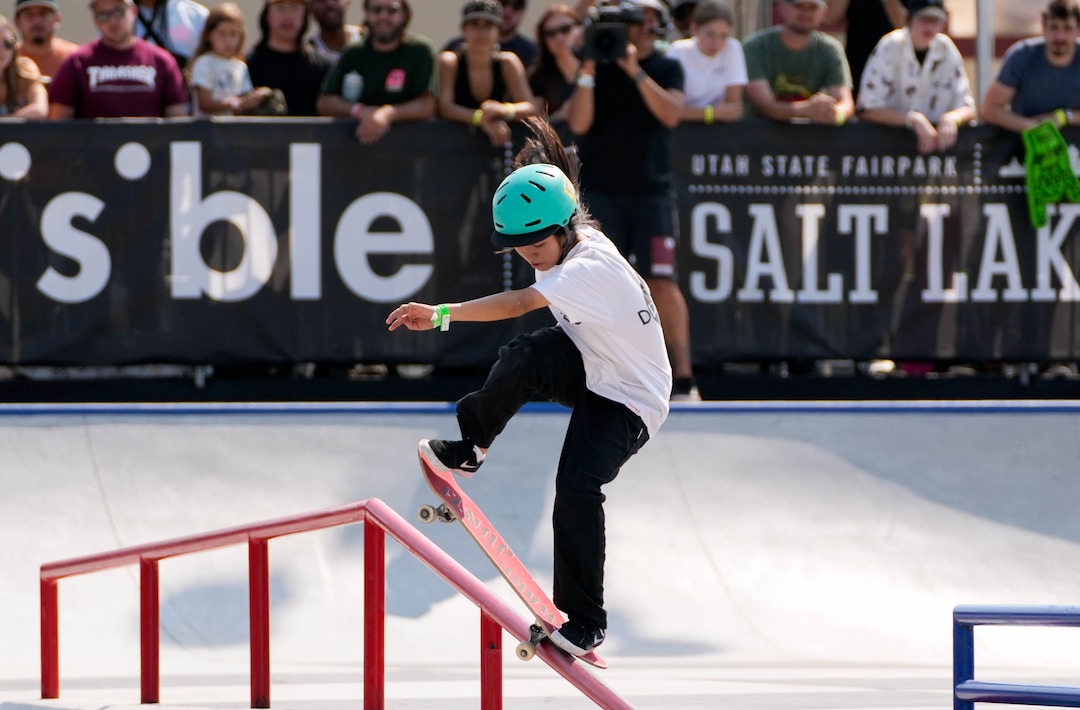 (Francisco Kjolseth | The Salt Lake Tribune) Funa Nakayama of Japan who won the bronze medal during the Tokyo Games, competes in Street League Skateboarding Championship Tour at the Utah State Fairpark in Salt Lake City on Saturday, Aug. 28, 2021. Now in its 11th year, the sport’s premier competition series includes more of the world’s best skaters than ever before, with the tour roster featuring 47 athletes hailing from 11 countries, including 21 Olympians and multiple X Games medalists.