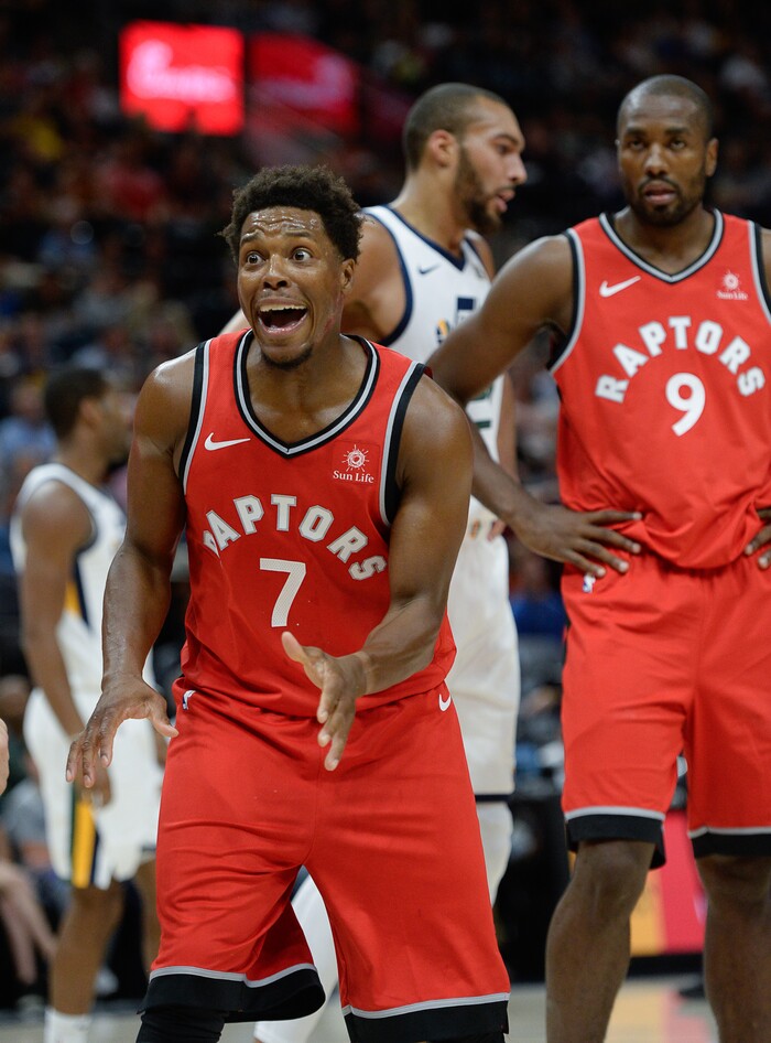 (Francisco Kjolseth  |  The Salt Lake Tribune)  Toronto Raptors guard Kyle Lowry (7) argues with the referee on an out of bounds call in the first half of the preseason NBA game at Vivint Smart Home Arena Tuesday, Oct. 2, 2018, in Salt Lake City against the Jazz.
