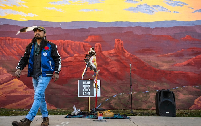 (Steve Griffin  |  The Salt Lake Tribune) Carl Moore, chairman for Peaceful Advocates for Native Dialogue and Organizing Support, stands in front of Utah graphic artist Josh Scheuerman's mural of the sacred lands of the Bears-Ears Inter-Tribal Coalition during a dedication ceremony on 800 South near 300 West in Salt Lake City on Friday, Nov. 24, 2017.