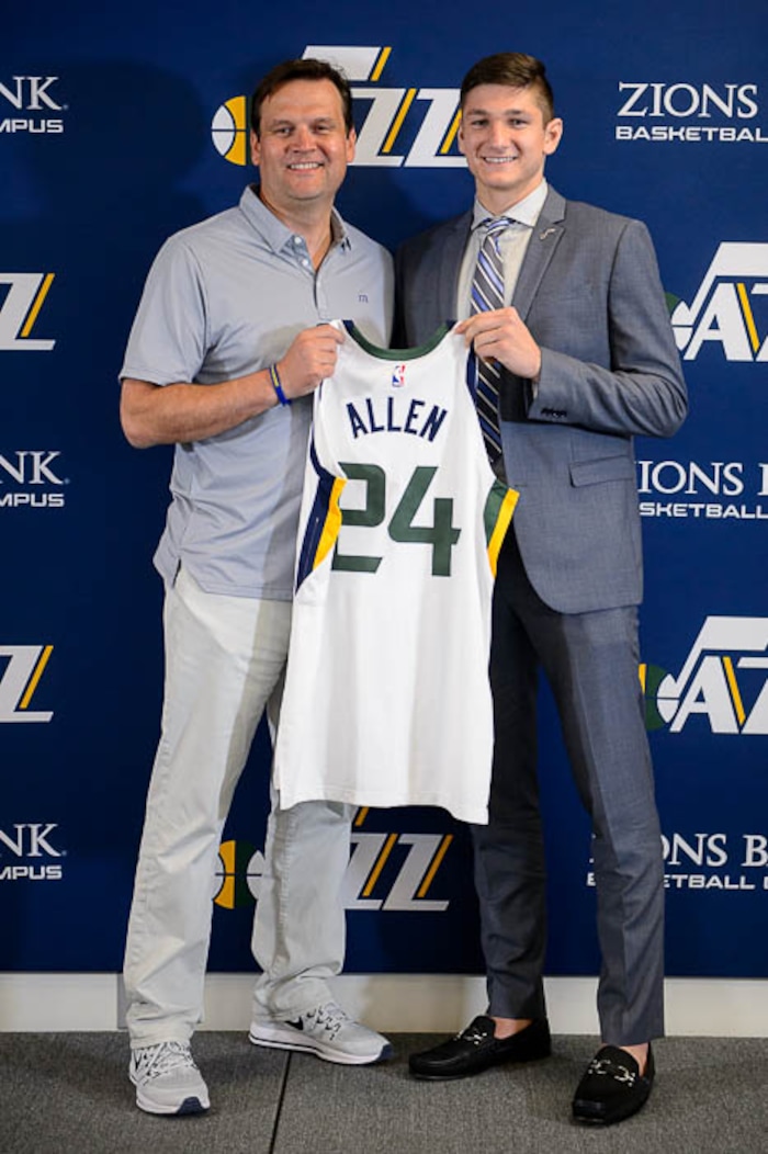 (Trent Nelson | The Salt Lake Tribune)
The Utah Jazz introduce their top draft pick Grayson Allen in Salt Lake City, Wednesday June 27, 2018. General manager Dennis Lindsey at left.