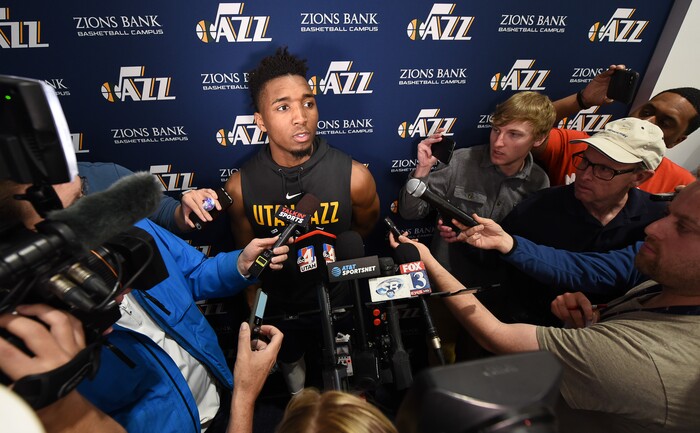 (Francisco Kjolseth  |  The Salt Lake Tribune)  Donovan Mitchell of the Utah Jazz speaks to the media following a long practice on Friday, April 20, 2018, ahead of Game 3 vs. Thunder on Saturday.