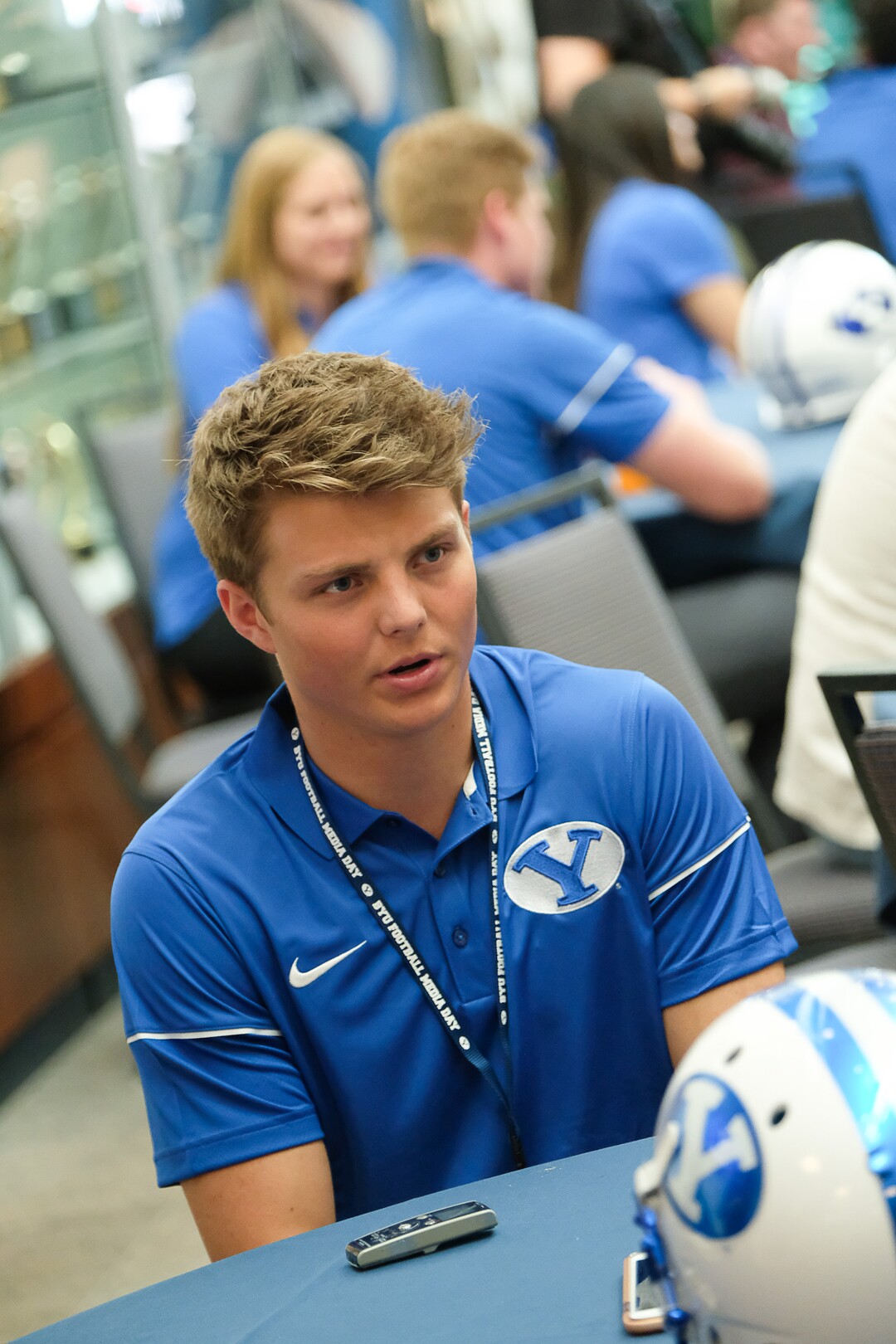 (Francisco Kjolseth  |  The Salt Lake Tribune)  Quarterback Zach Wilson runs through numerous interviews during BYU football media day at the BYU Broadcasting Building in Provo on Tuesday, June 18, 2019.