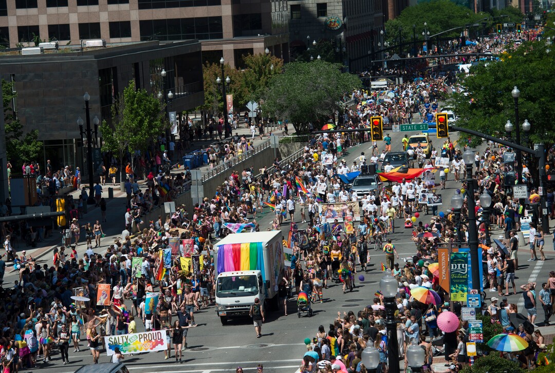 (Rick Egan  |  The Salt Lake Tribune)   The Utah Pride Parade marches up 200 South in Salt Lake City, Sunday, June 3, 2018.