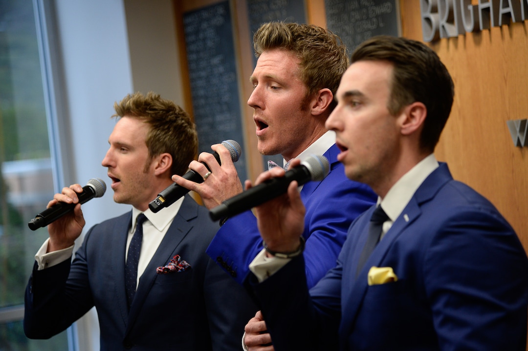 (Francisco Kjolseth  |  The Salt Lake Tribune)  The vocal trio Gentri perform "One" as Brigham Young University honors the life and legacy of Major Brent Taylor, former mayor of North Ogden and a BYU Army ROTC alumnus during a ceremony at the Ernest L. Wilkinson Student Center in Provo on Thursday, May 23, 2019. The BYU Army ROTC also unveiled the updated Memorial Wall, a list of BYU students and alumni who have died service which will now include Major TaylorÕs name.