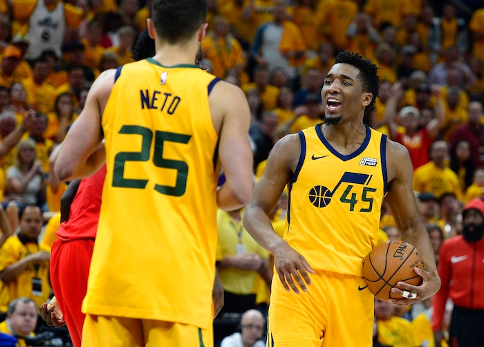 (Scott Sommerdorf | The Salt Lake Tribune)
Utah Jazz guard Donovan Mitchell (45) jaws at Houston Rockets center Clint Capela (15) after the two grappled over a loose ball. The Rockets beat the Jazz 100-87, Sunday, May 6, 2018.