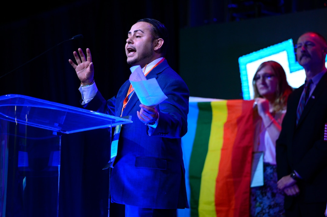 (Scott Sommerdorf | The Salt Lake Tribune)
Candidate in Congressional District 1, Lee Castillo speaks at the Democratic convention, Saturday, April 28, 2018 at the Salt Palace Convention Center in Salt Lake City, Utah.