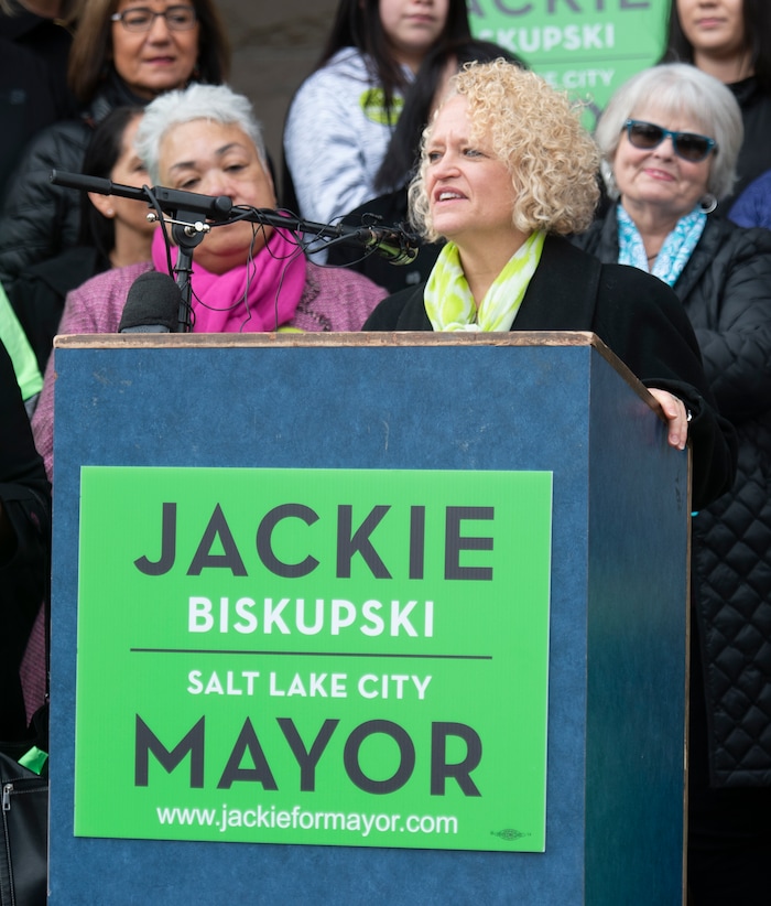 (Rick Egan  |  The Salt Lake Tribune)     Salt Lake City Mayor Jackie Biskupski she launches her re-election campaign as she seeks a second term as supporters gather on the east steps of the City Building, Saturday, Feb. 9, 2019.


