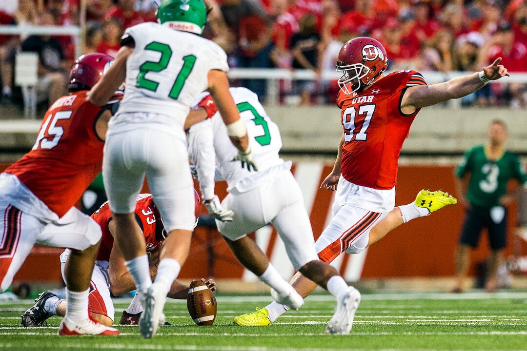 (Chris Detrick  |  The Salt Lake Tribune)  Utah Utes place kicker Matt Gay (97) kicks a field goal during the game at Rice-Eccles Stadium Thursday, August 31, 2017. Utah Utes defeated North Dakota Fighting Hawks 37-16.