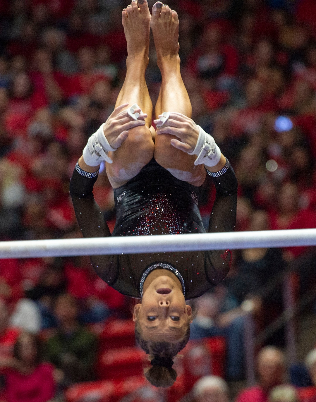 (Rick Egan  |  The Salt Lake Tribune)   Hunter Dula dismounts from uneven bars, in PAC-12 gymnastics action between the UCLA Bruins and the University of Utah, at the Jon M. Huntsman Center, Saturday, Feb. 23, 2019.